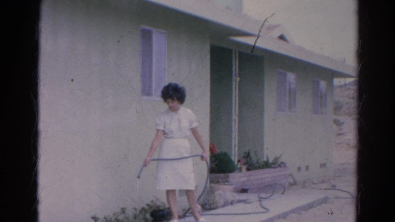 The woman waters near a low planter beside the green stucco home in Silver Lake, California.