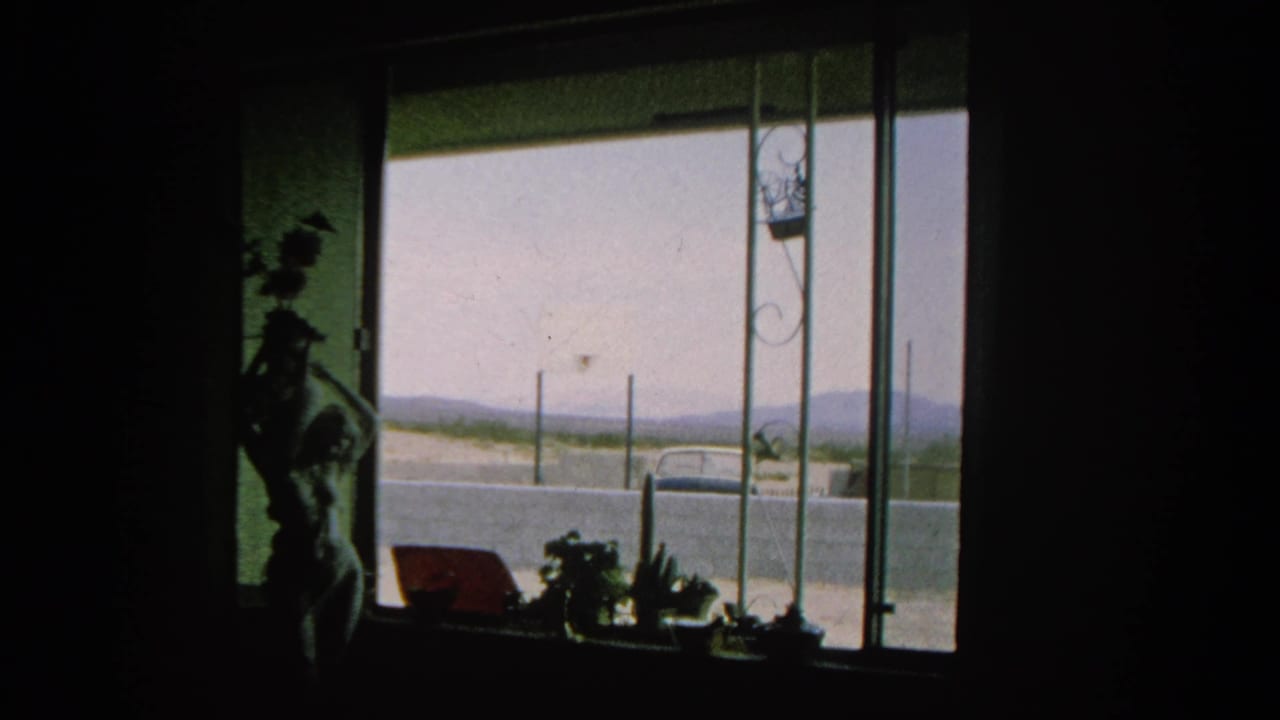 A repeated interior view shows house plants and a statue in silhouette against a bright 1960s Silver Lake street scene.