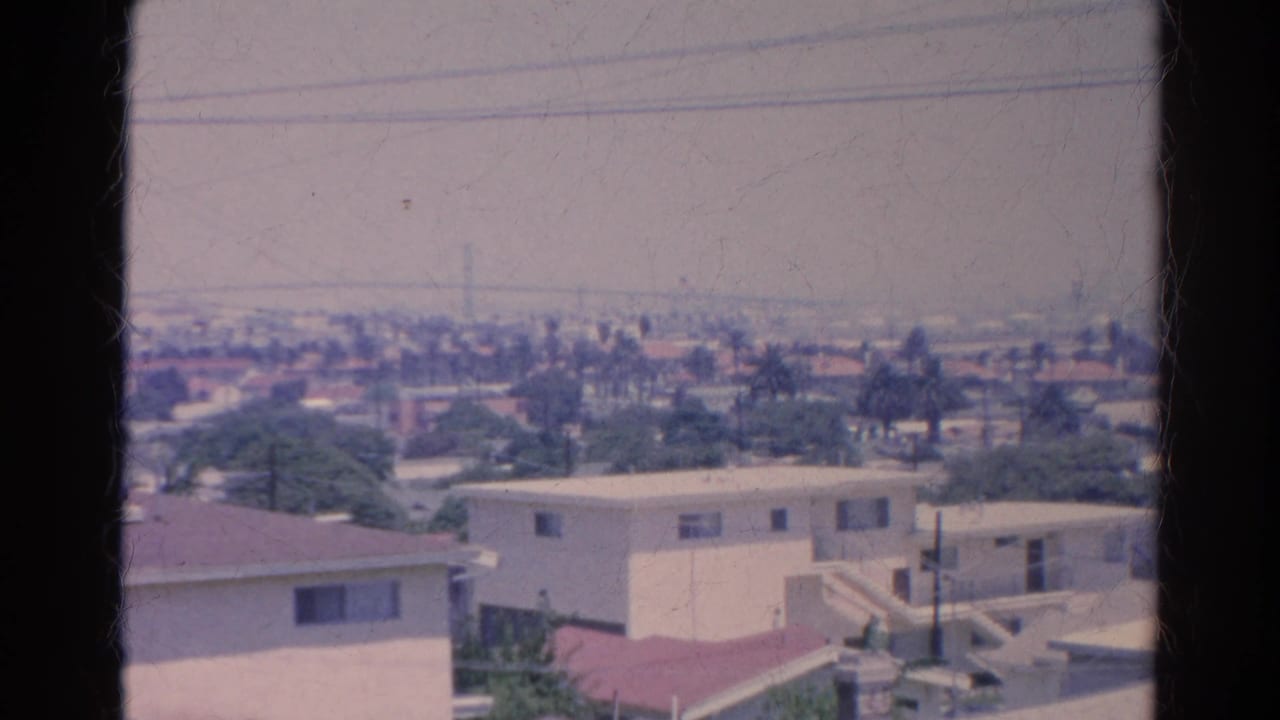 1966 Silver Lake-area view over low-rise homes, rooftops, palms, and overhead wires seen from a high vantage point.