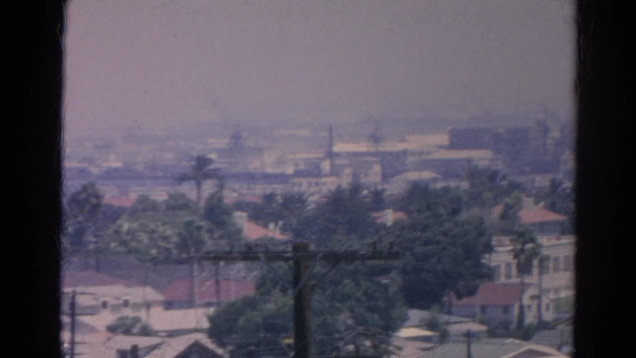 Elevated neighborhood view with palms, houses, utility poles, and distant low industrial buildings.