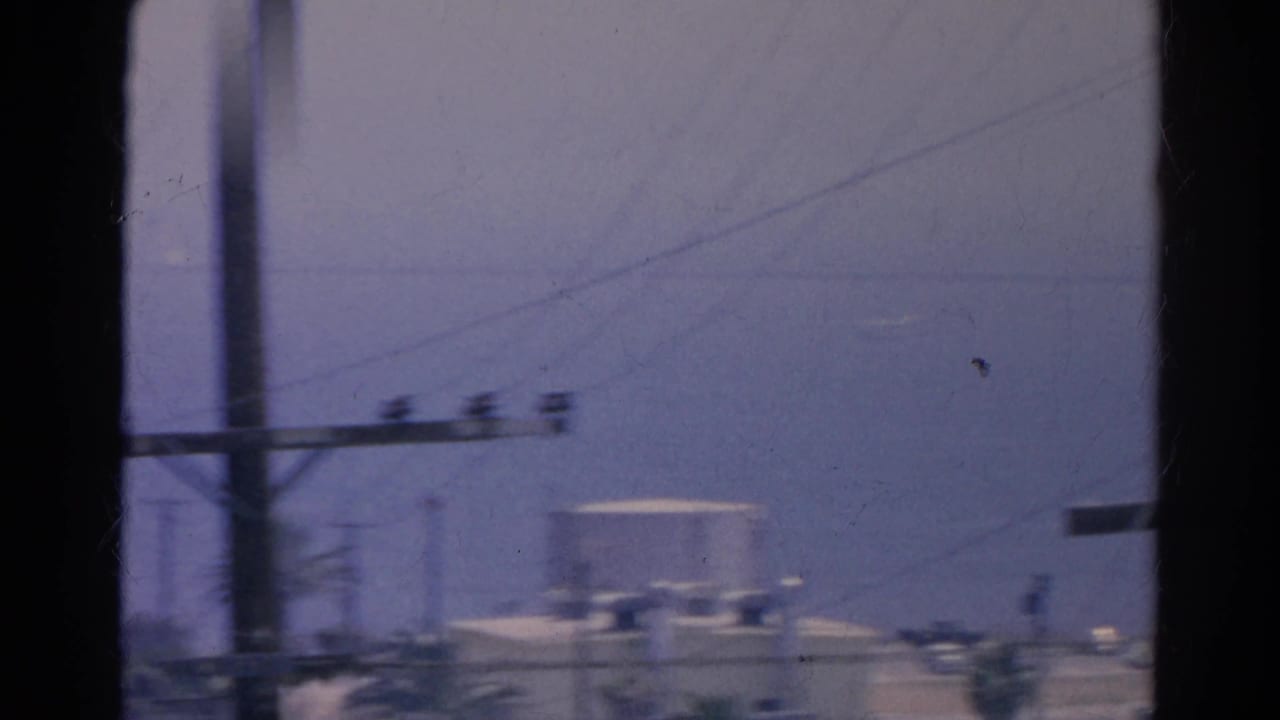 Blurred roadside view with power lines, a utility pole, palm trees, and pale structures in the distance.