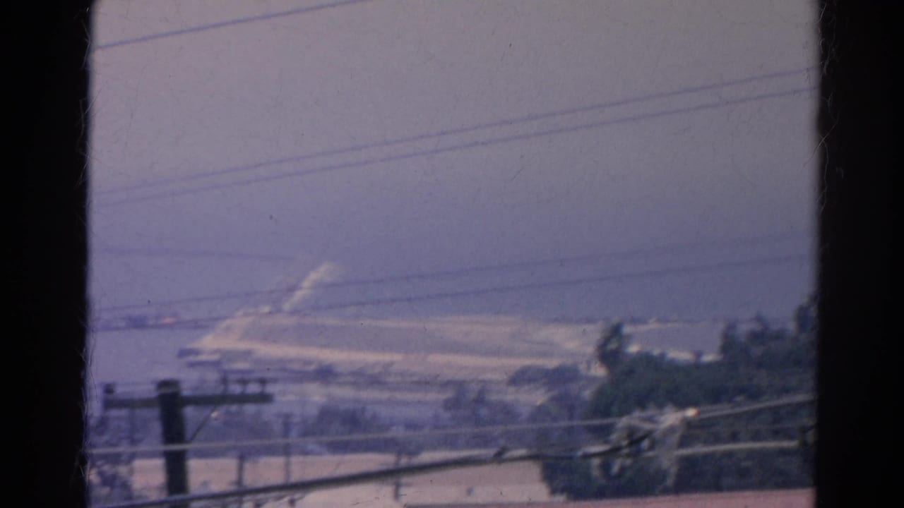 Power lines cross a hazy street scene with palms and low buildings seen through window bars.