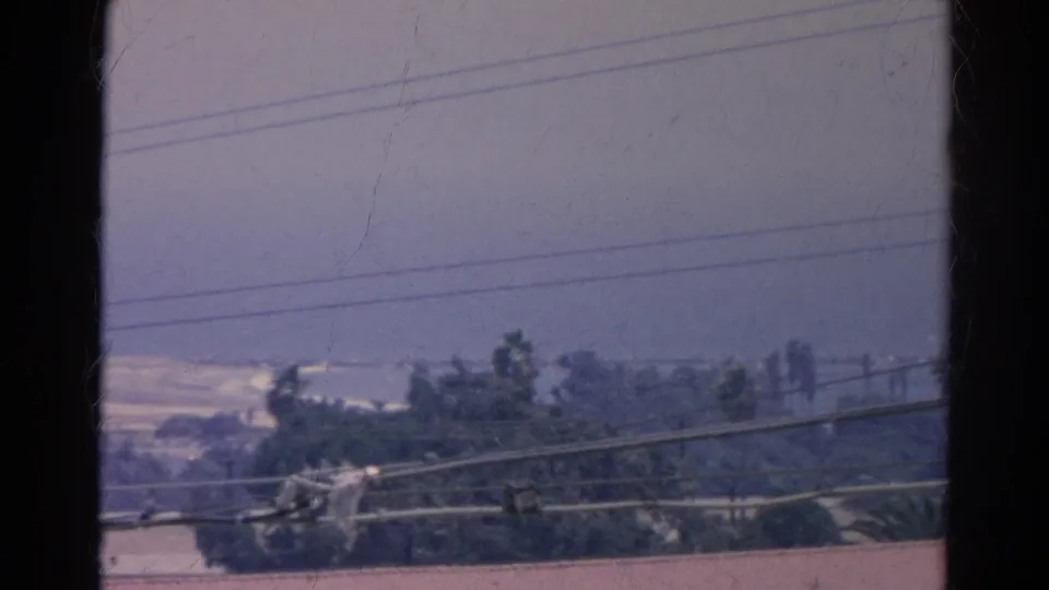 Moving 8mm view of a Silver Lake street, showing utility wires, palm silhouettes, rooflines, and the dark edge of the vehicle window.