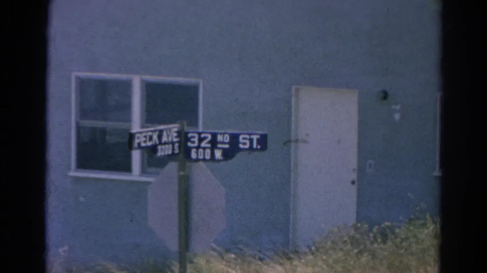 Street signs for Peck Ave and 32nd St appear beside a blue residential facade with a window, white door, grass, and sidewalk edge.