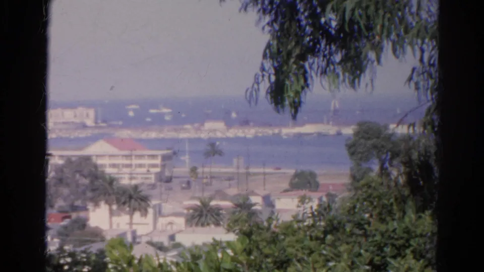 Final 1966 home-movie frame with trees in the foreground, palm-lined buildings below, harbor water, boats, and a hazy skyline.