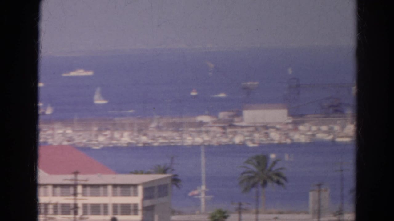 Harbor and marina seen past a dark window or frame divider, with boats and a red-roofed building.