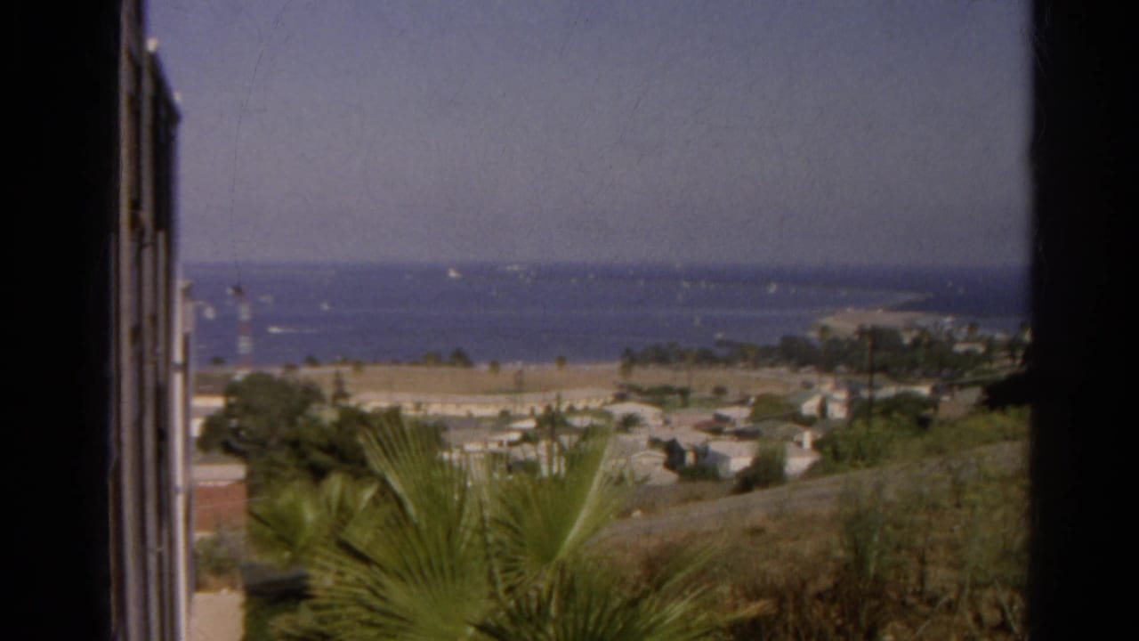 Ocean shoreline seen from a shaded window frame with palms, houses, and small boats in the distance.