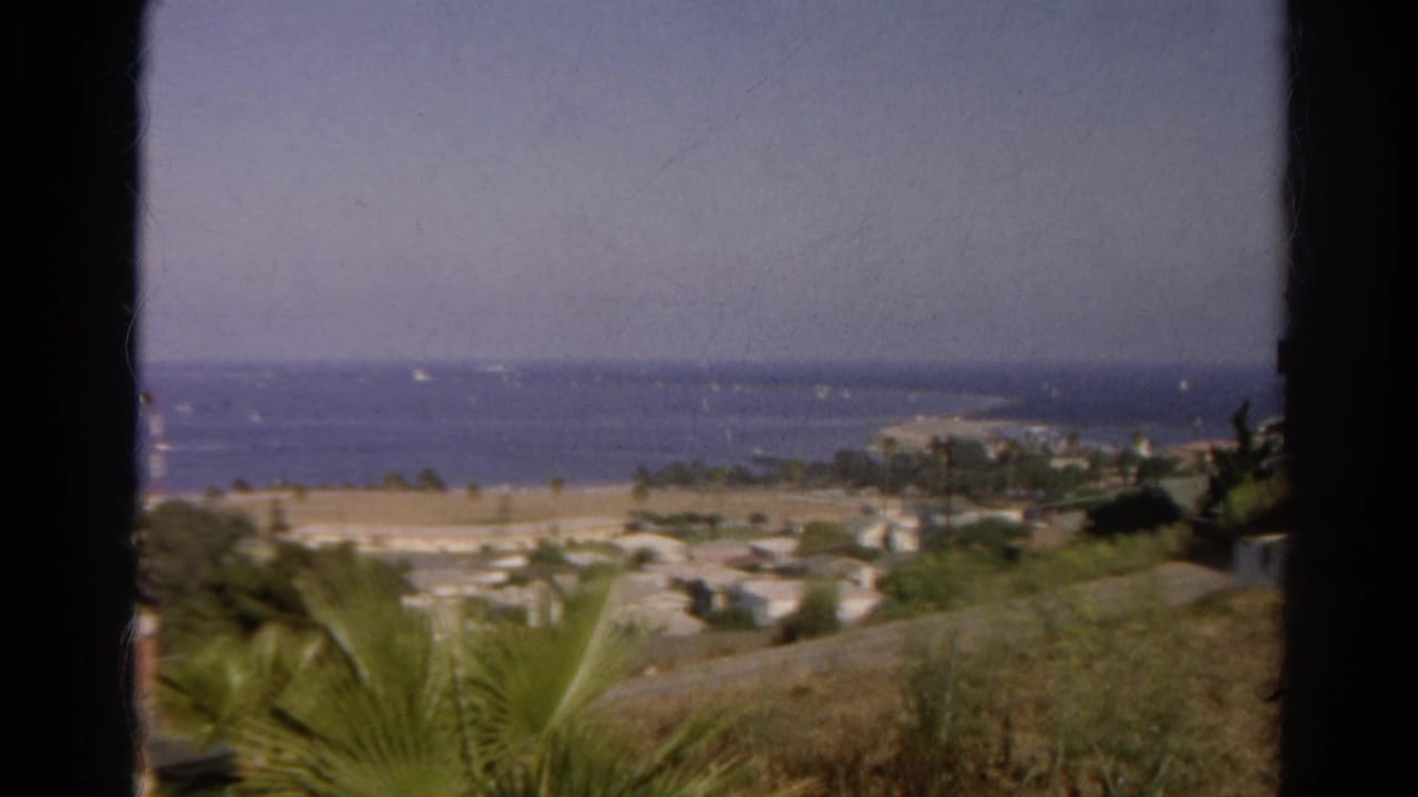 Coastal neighborhood and ocean horizon viewed through a dark vertical frame with boats offshore.