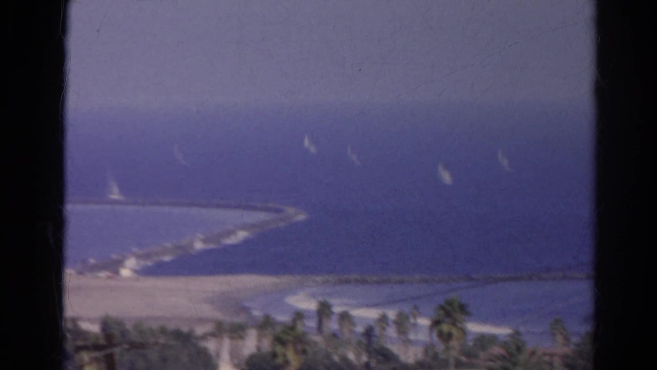 1966 home-movie frame showing sailboats scattered across blue water near a breakwater, with beach and palms at the bottom of the frame.