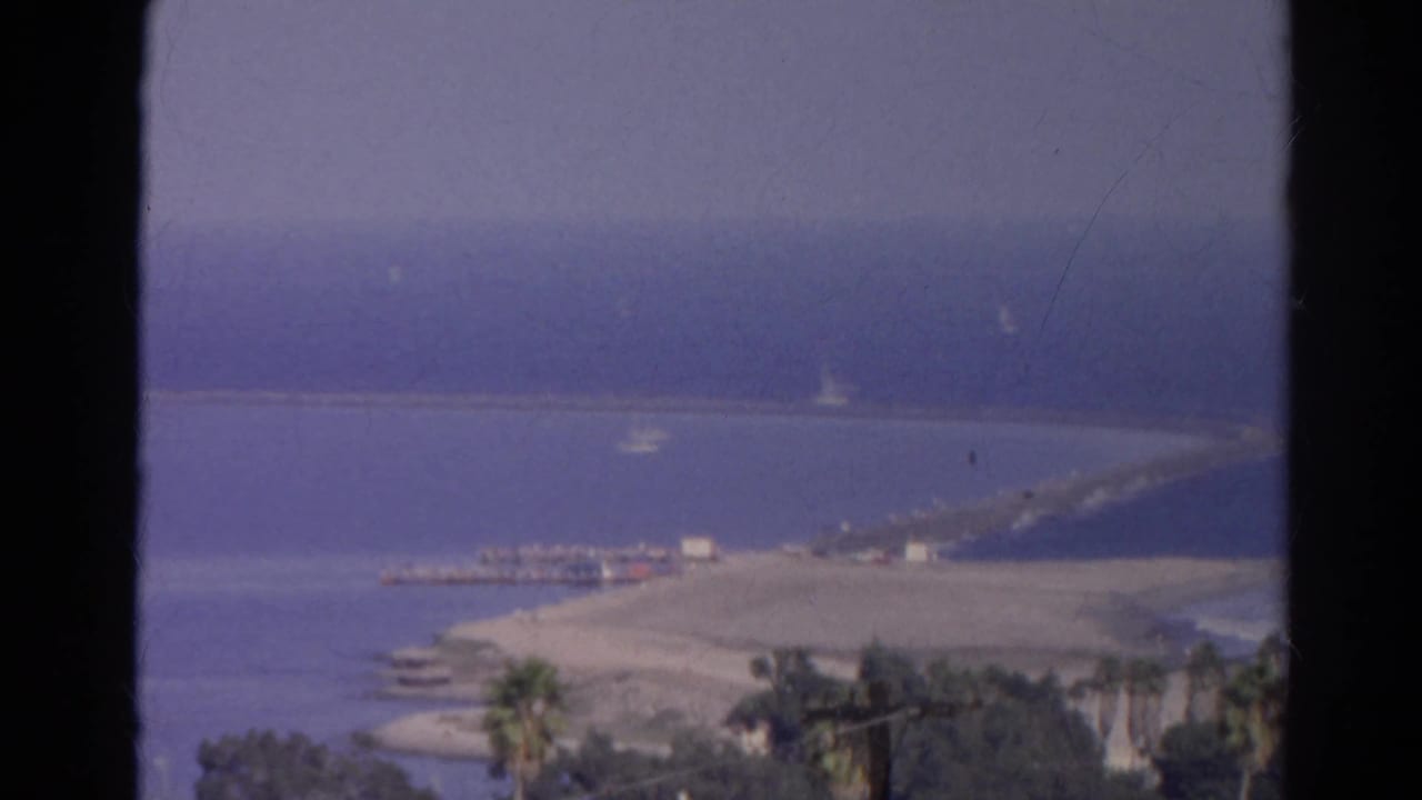 Coastal water view with a curving shore, pier structure, small boats, palms, and distant horizon.