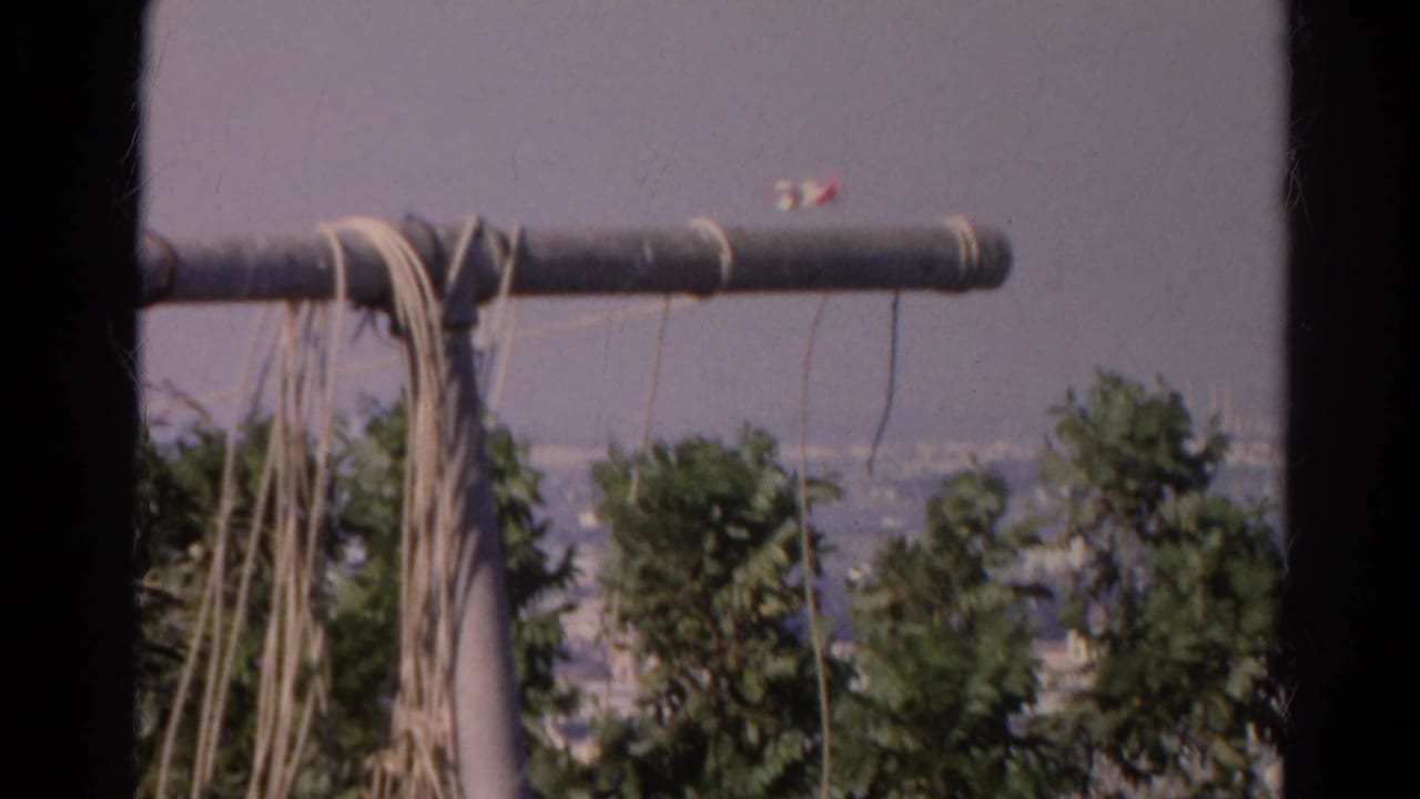 Small plane over distant coast, trees, pipe or railing, and hanging cords in the foreground.