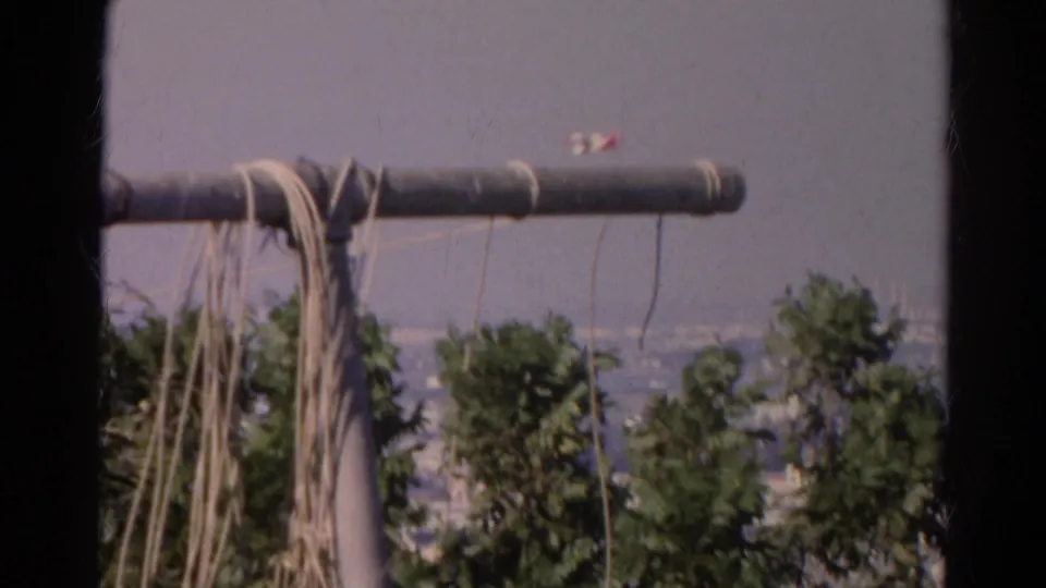 1966 California home-movie frame with a small plane above a distant waterfront, seen past trees and a pipe-like foreground structure.