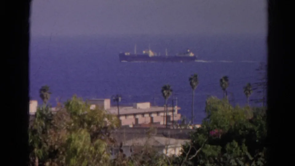 1966 8mm coastal shot with a large cargo ship offshore beyond palm trees, rooftops, and hillside vegetation.