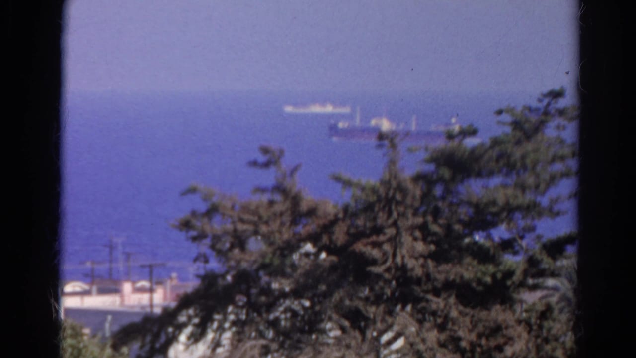 1966 8mm home-movie view of a distant cargo ship and smaller vessel beyond trees and rooftops in Silver Lake, California.