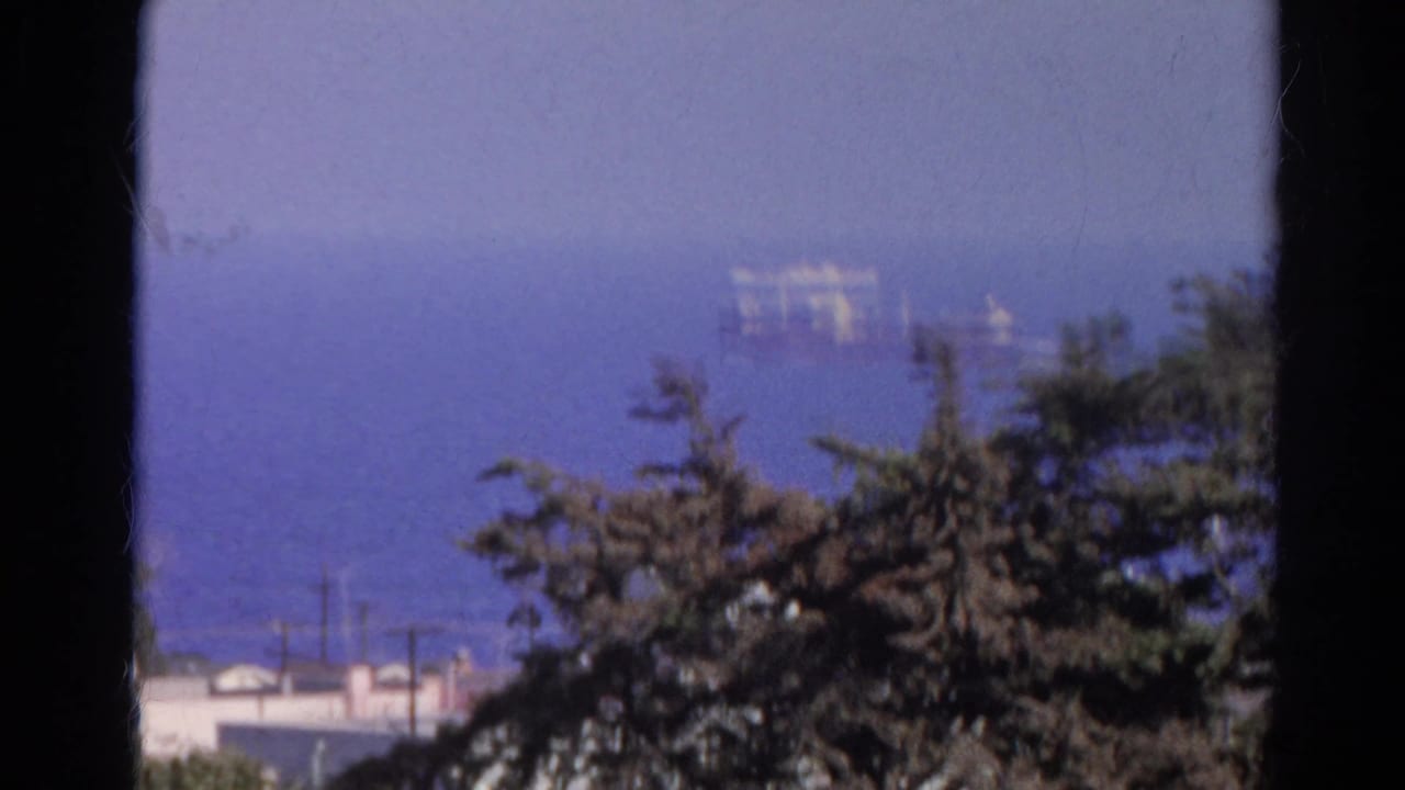 A soft 8mm frame shows distant offshore ships beyond trees and pale shoreline structures in Silver Lake, California metadata context.
