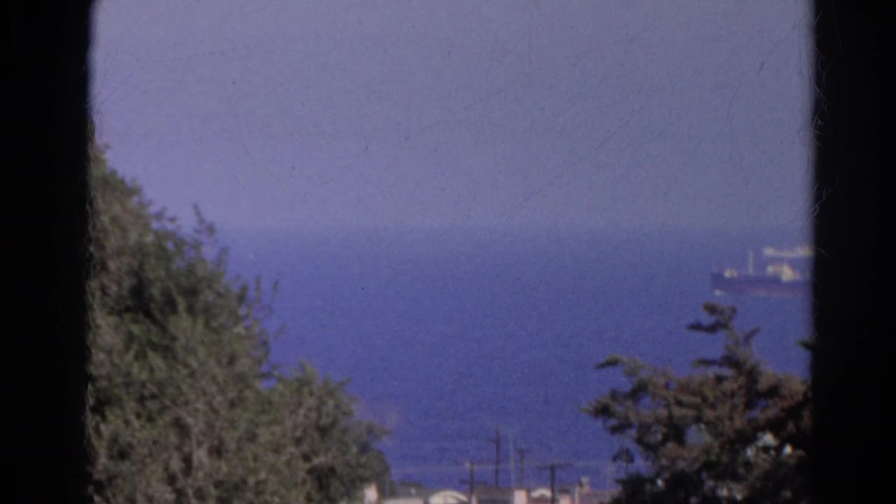 1966 8mm frame of a distant cargo ship on blue water, viewed through foreground trees from the listed Silver Lake, California reel.