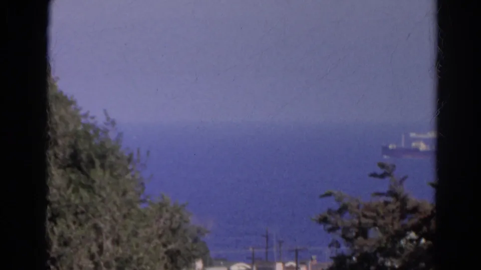 1966 8mm frame of a distant cargo ship on blue water, viewed through foreground trees from the listed Silver Lake, California reel.