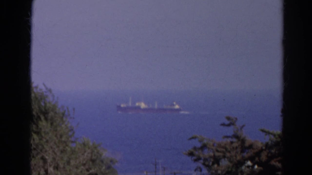 Cargo ship on open blue water with trees below and dark vertical frame edges.