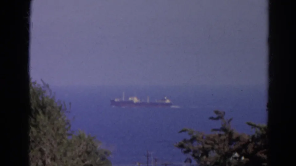 Distant freighter on blue water under a hazy sky, with foreground foliage and film-frame borders visible in the 1966 home-movie shot.