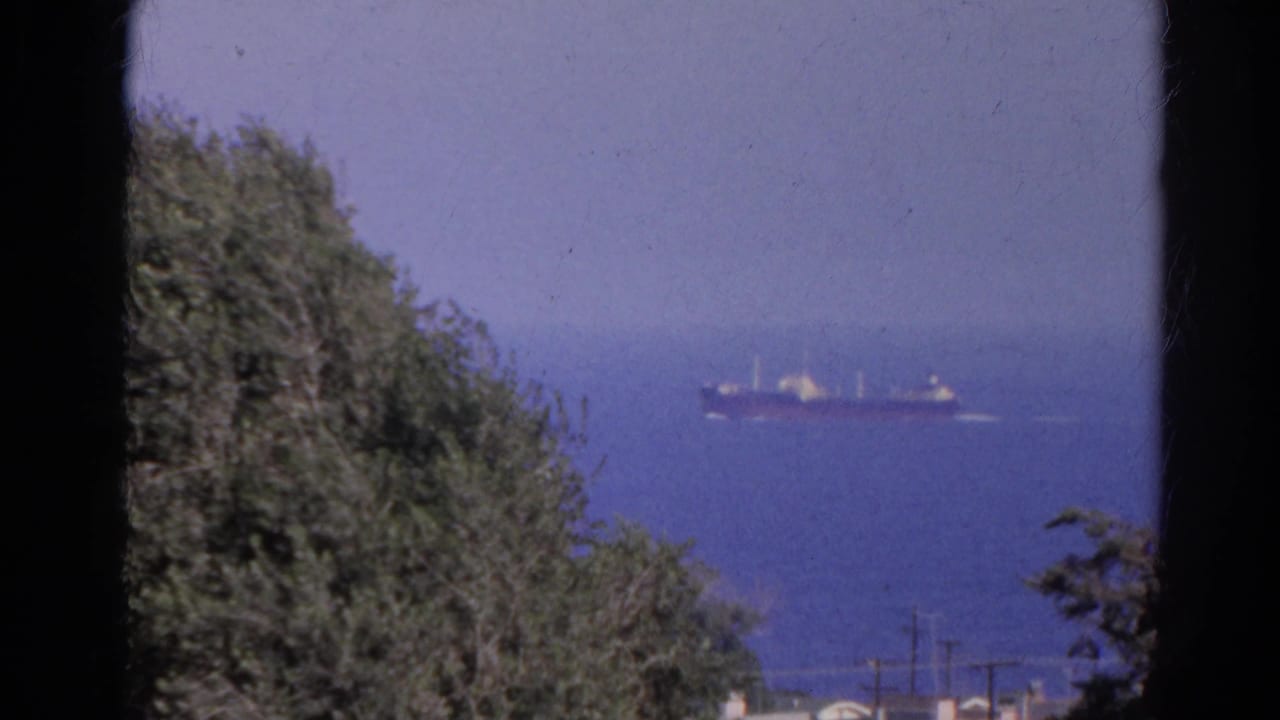 A distant cargo ship crosses blue water beyond dense foreground trees, with utility poles and a hazy shoreline visible in the 1966 reel frame.