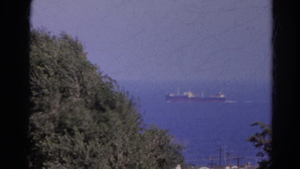 Distant cargo ship on blue water seen past trees and dark film edges.