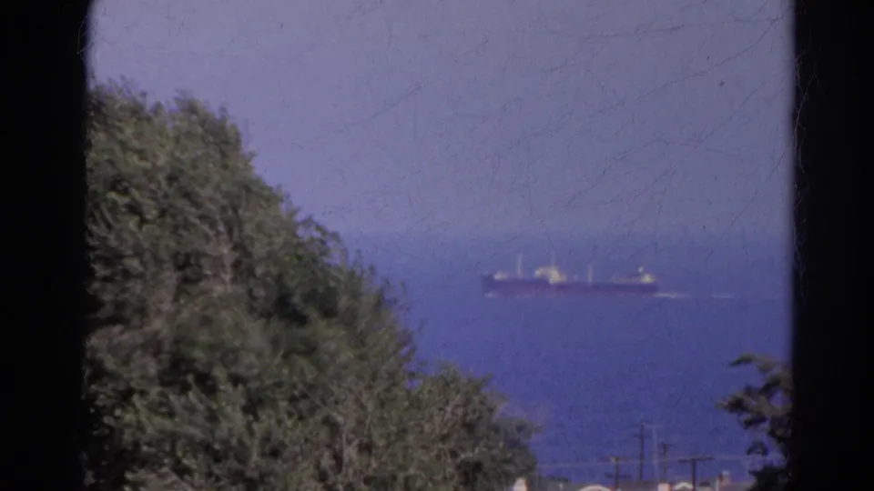 1966 8mm coastal view from Silver Lake metadata, with a distant cargo ship crossing blue water beyond trees.