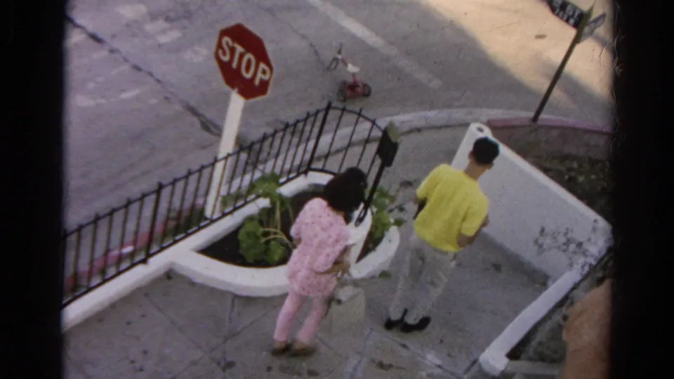 Overhead view of the man and woman passing a small planter beside a low white wall and black fence on a 1966 Silver Lake corner.