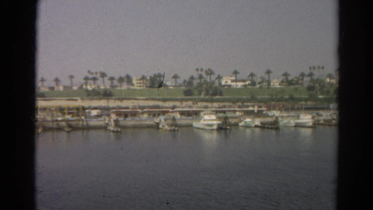 1966 8mm view across a California marina from a moving boat, framed by dark window mullions with boats and palms in the distance.