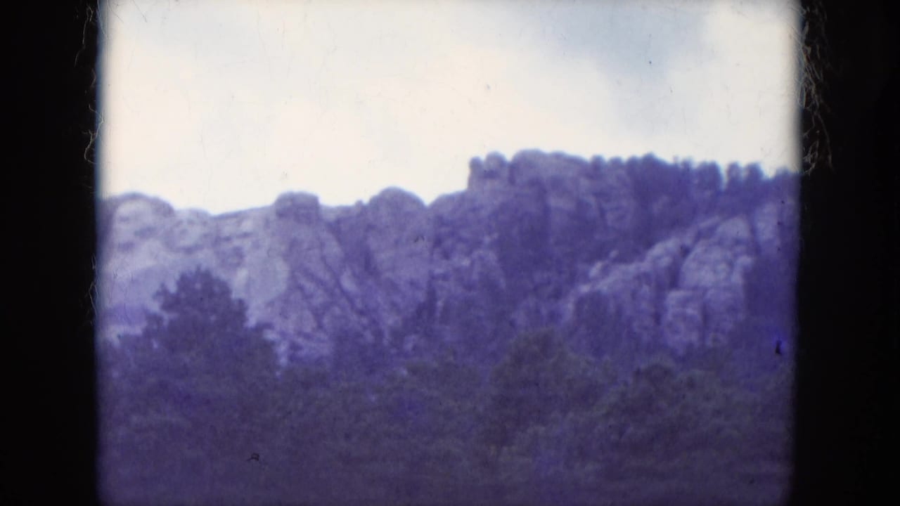 Wide view of Mount Rushmore and surrounding trees with film edge visible.