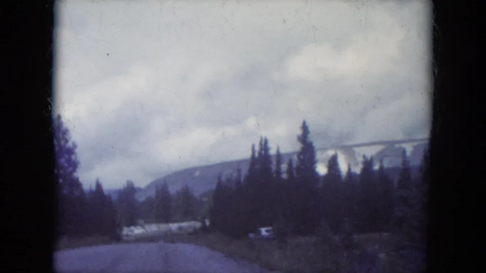1966 South Dakota travel shot from a moving vehicle, with a road curving past tall pines toward distant hills and light snow patches.