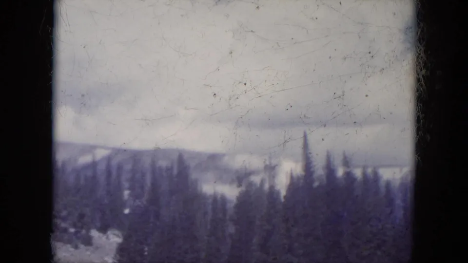 Soft 8mm view of evergreen slopes and distant mountain ridges in the South Dakota travel footage.