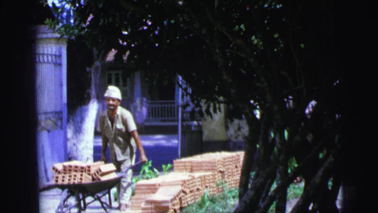 Worker pushes a wheelbarrow loaded with red bricks past stacks in a shaded yard.