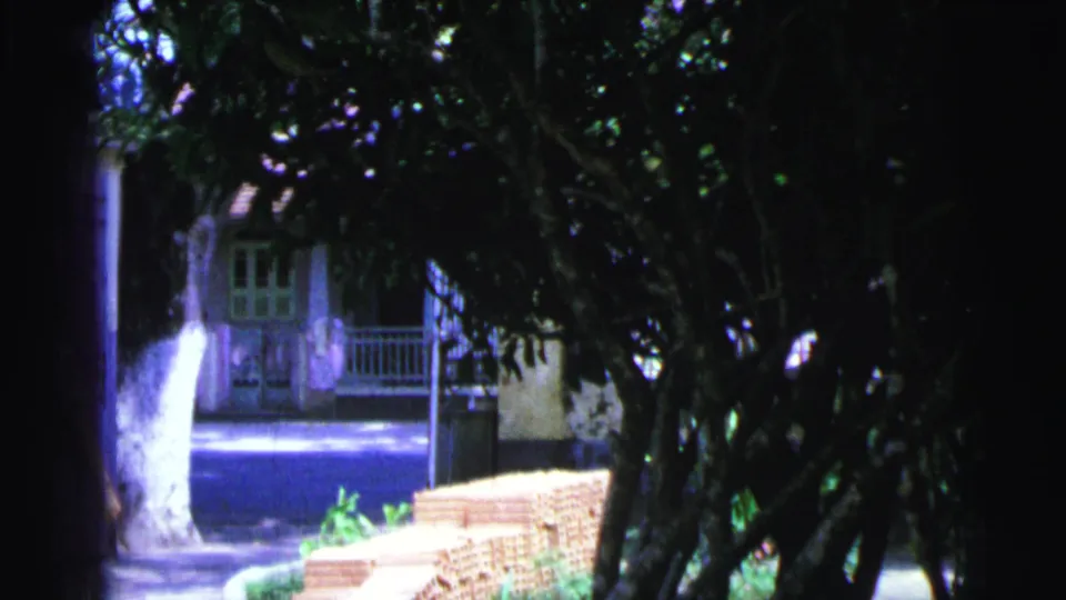 After the worker exits, the frame holds on stacked red bricks, shaded trees, a gate, and a porch in the Brazil yard.