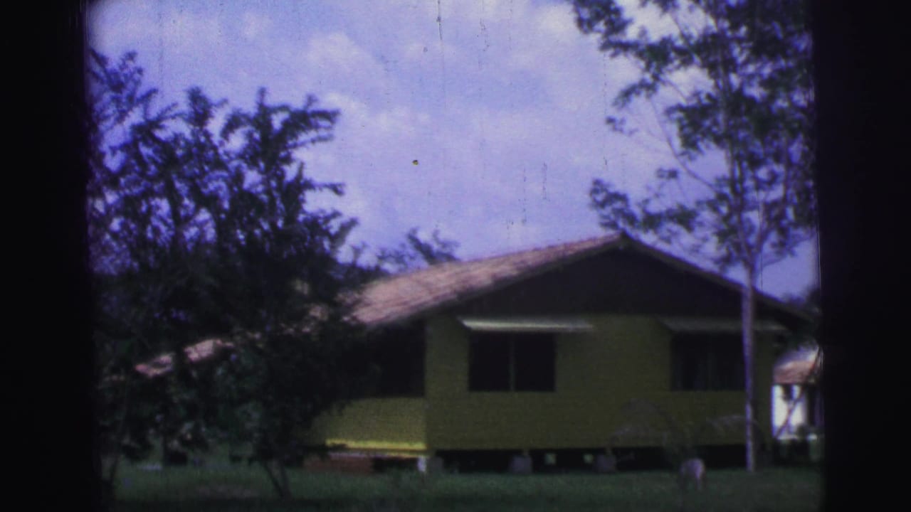 1967 Brazil 8mm frame showing a yellow rural house behind trees, with grass and a cloudy sky.