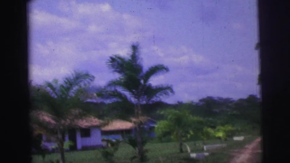 1967 Brazil home-movie frame showing a dirt road, palms, low greenery, and small buildings in a rural setting.
