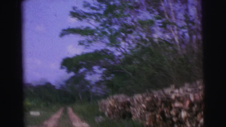 1967 Brazil 8mm frame showing a dirt track, roadside stone wall, trees, and open sky during the approach to a house.