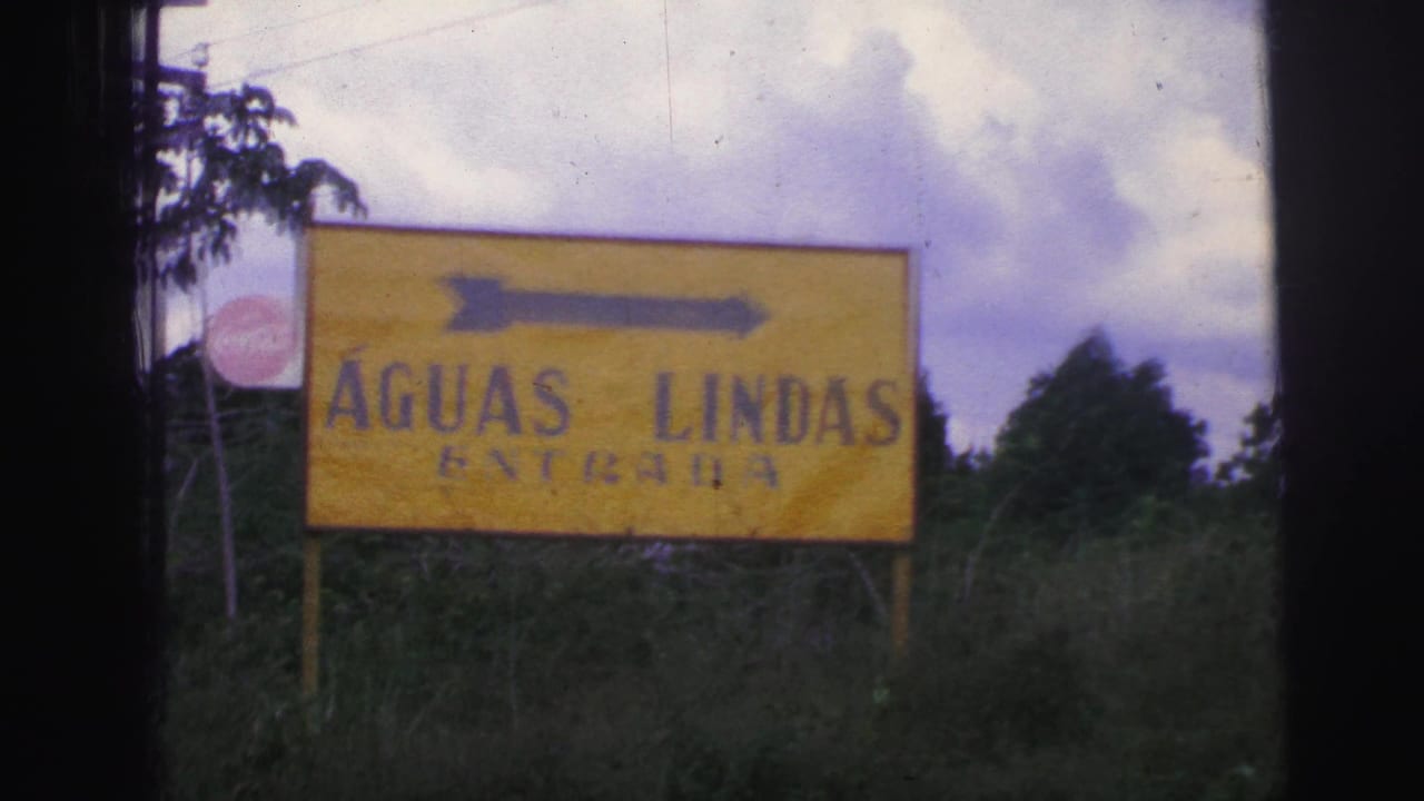 Yellow Águas Lindas sign with a right-pointing arrow beside tall grass and trees.