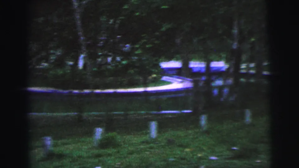 1967 Brazilian 8mm frame of a dim tree-lined path or driveway with a pale curve, green ground, and dark film edges.