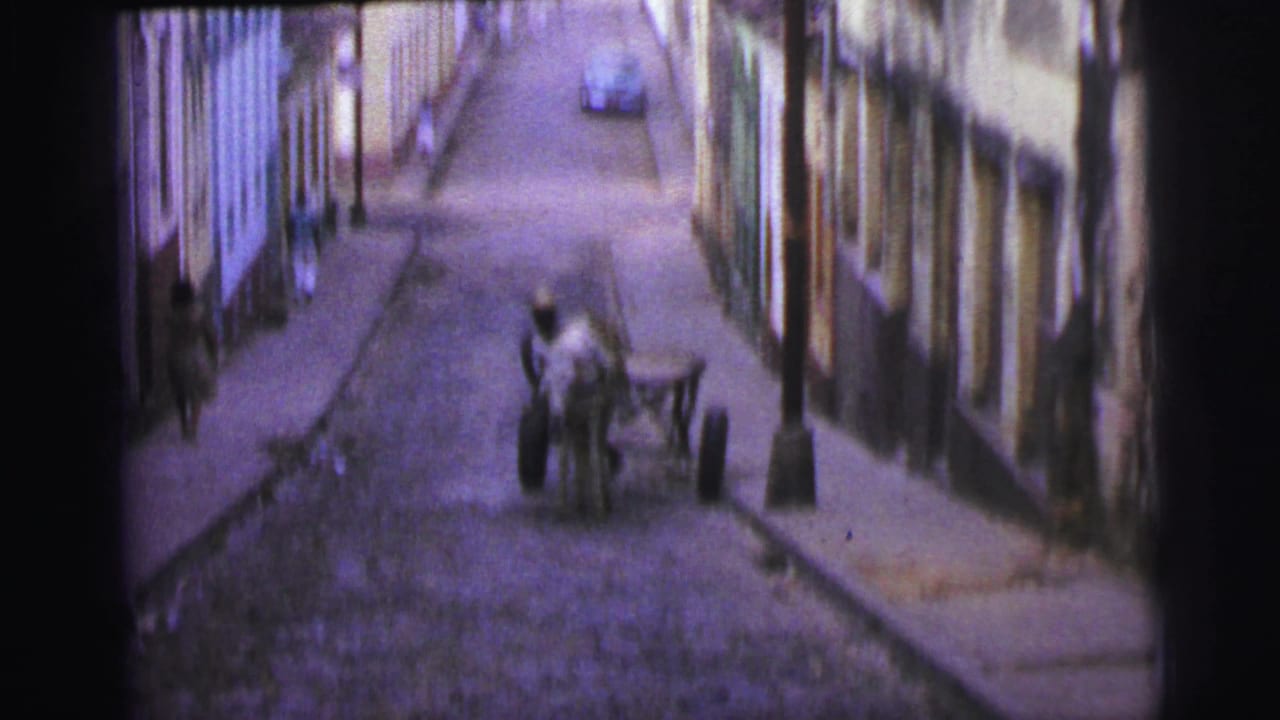 Man and horse-drawn cart on a narrow cobblestone street with sidewalks and buildings.