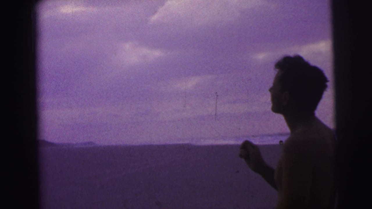 Silhouetted man stands near a low horizon under a purple sky.