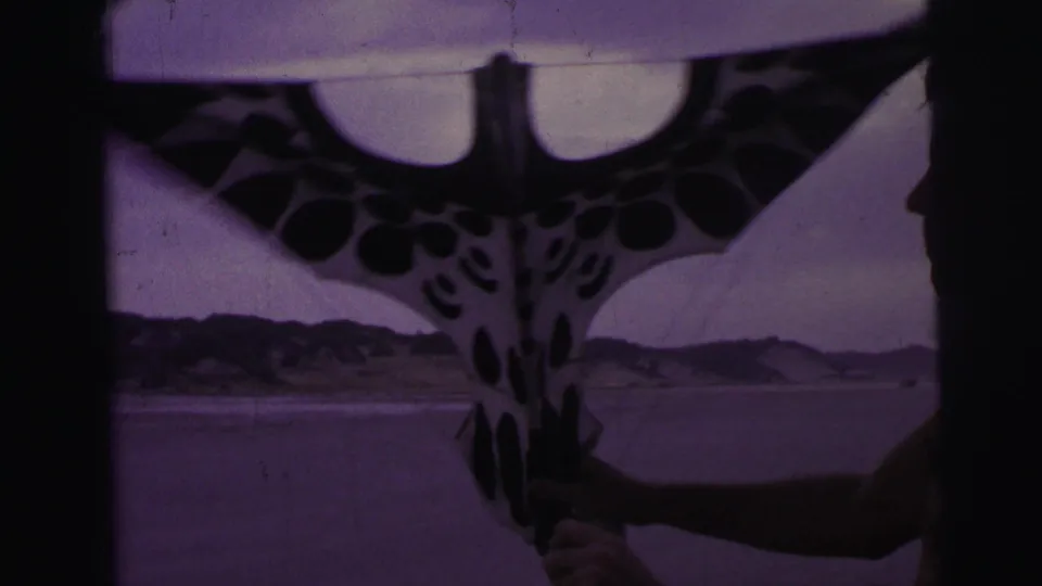 A person holds a large black-and-white bird-shaped kite near a beach, with dunes and water visible in 1967 Brazil footage.