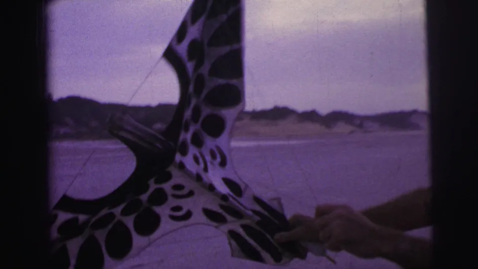 Hands hold the spotted bird-shaped kite close to the camera, with beach and dunes behind it in the 1967 Brazil home movie.