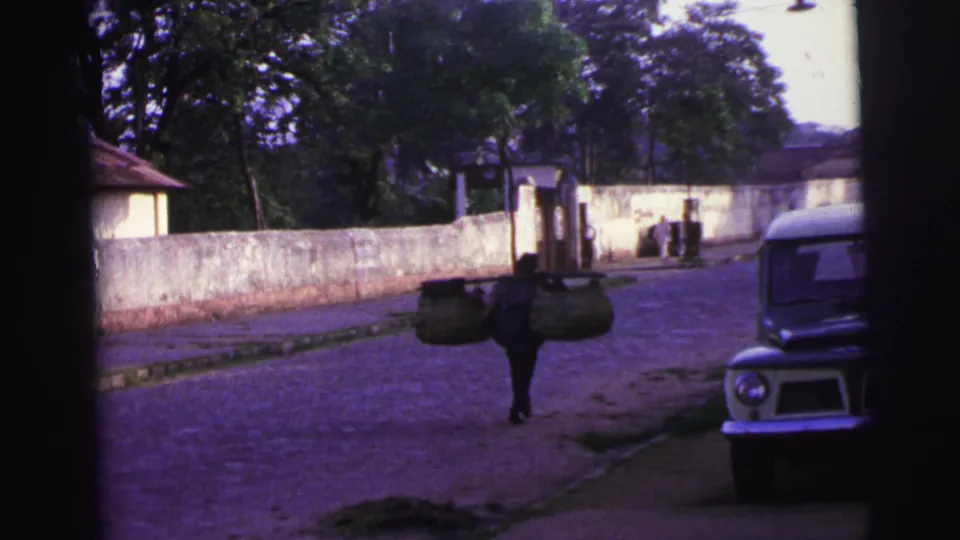 A man with baskets on a shoulder pole walks away on the cobblestone street, framed by trees, wall, and a parked vehicle.