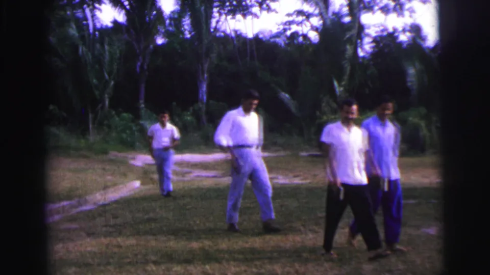 The group continues past the camera in 1967 Brazil home-movie footage, crossing grass in front of palm-like trees and greenery.