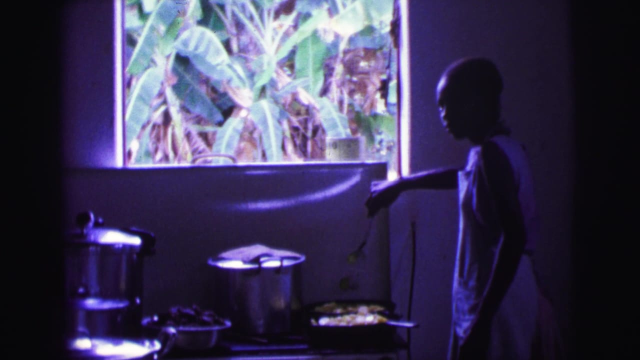 In 1967 Brazil home-movie footage, a woman in an apron stands in a dim kitchen beside pots and a pan near a window with banana plants outside.