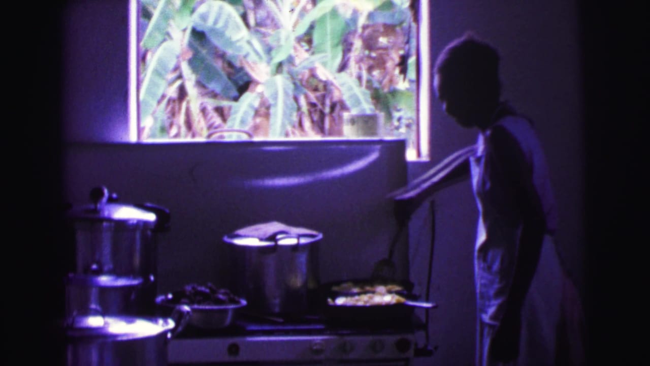 A woman in an apron stands beside the stove in a dark kitchen, with cookware below a bright window and banana plants visible outside.