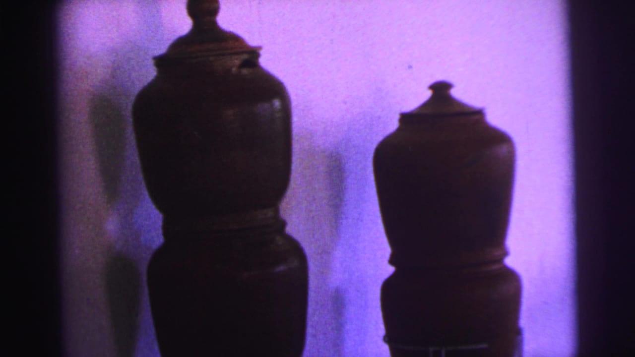 Two dark brown lidded ceramic pots on stands against a pale purple-lit wall.