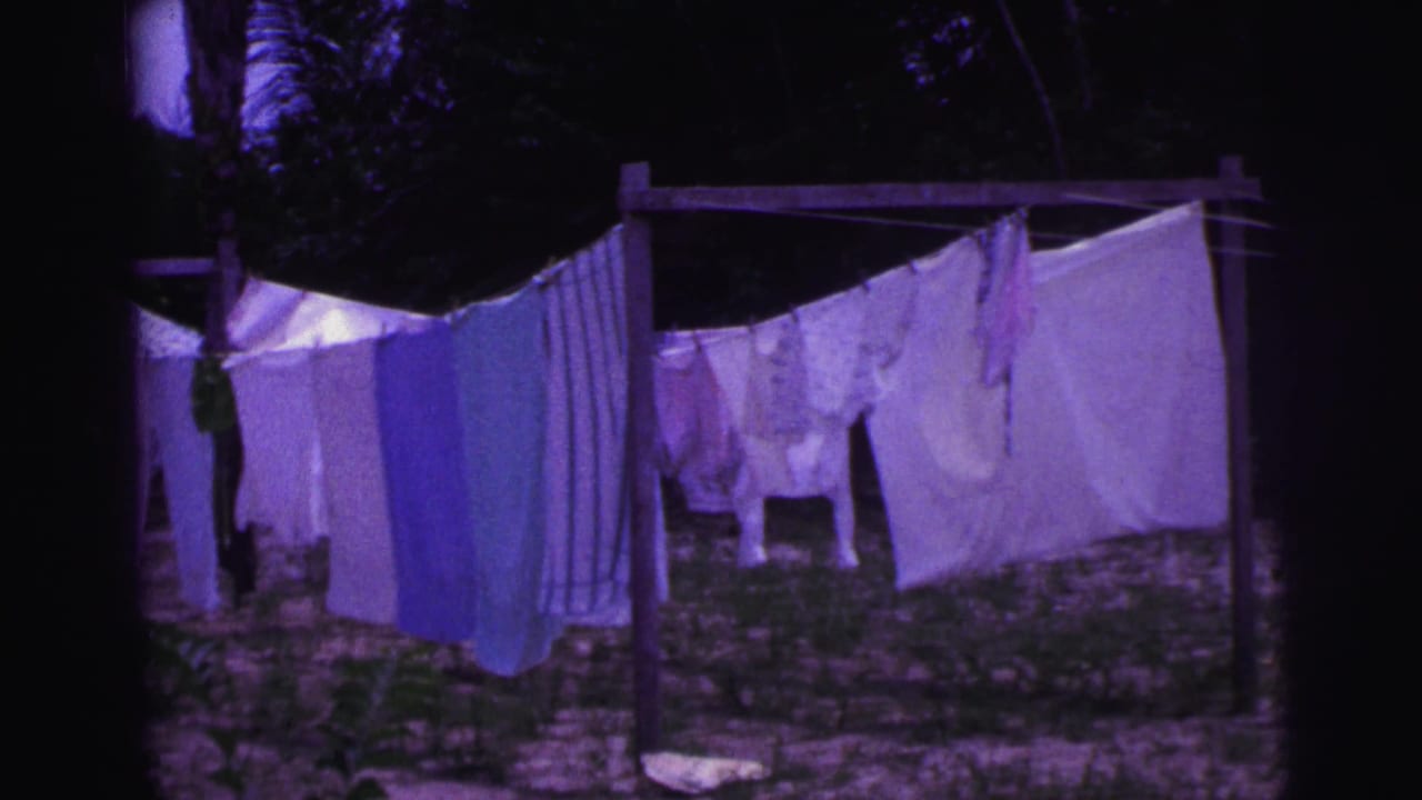 1967 Brazil home-movie frame showing sheets and garments drying on a clothesline in an outdoor yard.