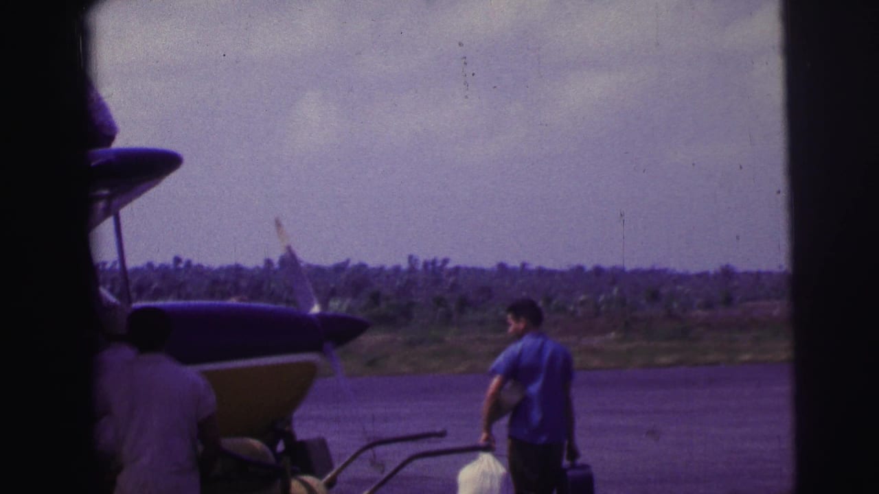 A man in a blue shirt carries luggage across a Brazilian airfield as the aircraft nose fills the left side of frame.