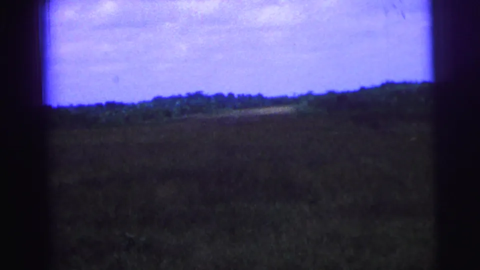 1967 Brazil countryside view across a broad field toward a low tree line beneath a purple-blue 8mm sky.